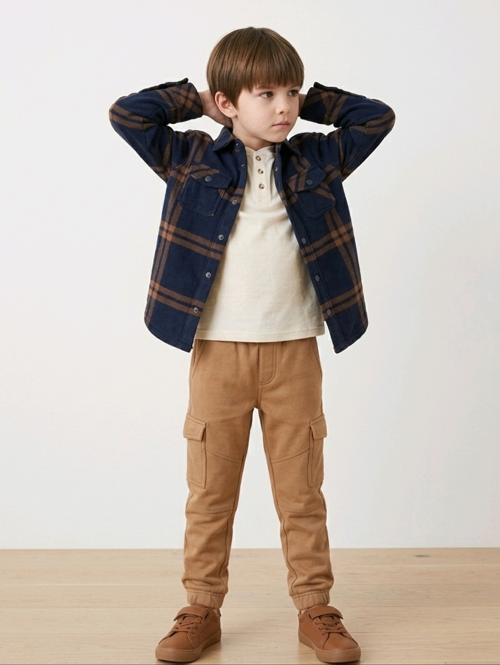 NWT Eddie Bauer Kids 3 Pc Fleece Navy Plaid Flannel, Henley And Jogger Set ~sz 5